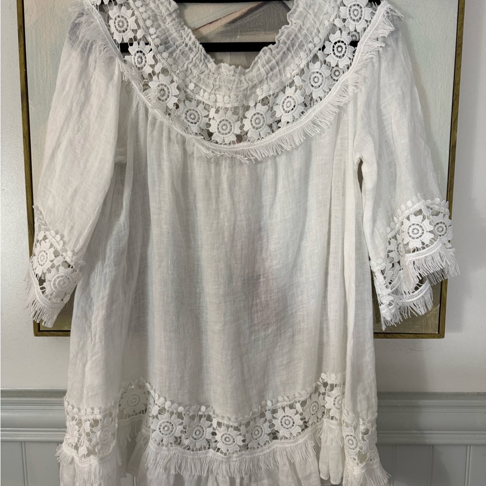SCANDAL ITALY Blouse Top Linen Embroidered Lace Gauzy Boho Summer White NWT SM - Picture 6 of 6